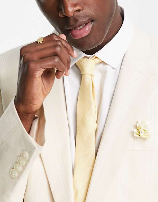 ASOS DESIGN Wedding - Giacca da abito slim in misto lino color pietra a righe, 3 di 4