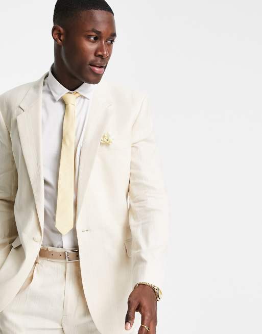 ASOS DESIGN Wedding - Giacca da abito slim in misto lino color pietra a righe, 4 di 4