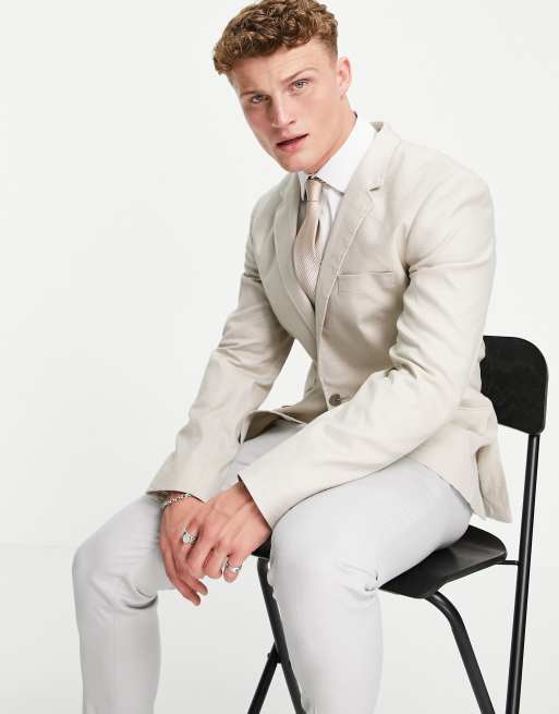 ASOS DESIGN Wedding - Giacca da abito slim in misto lino color pietra