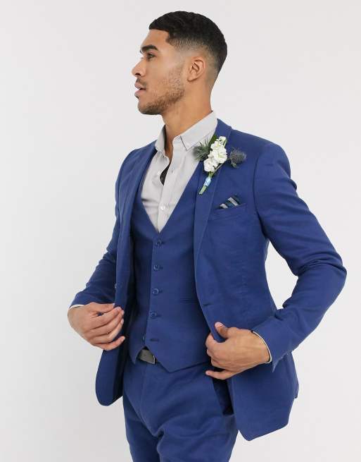 ASOS DESIGN Wedding - Abito super skinny in cotone misto lino elasticizzato blu navy, 2 di 3