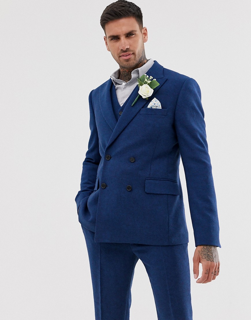 ASOS DESIGN wedding - Giacca doppiopetto da abito skinny in twill di misto lana blu