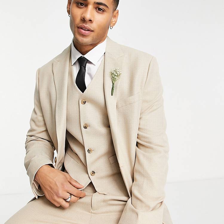 Giacca skinny da abito in misto lino beige con micro texture Wedding Asos Uomo Abbigliamento Abiti eleganti 