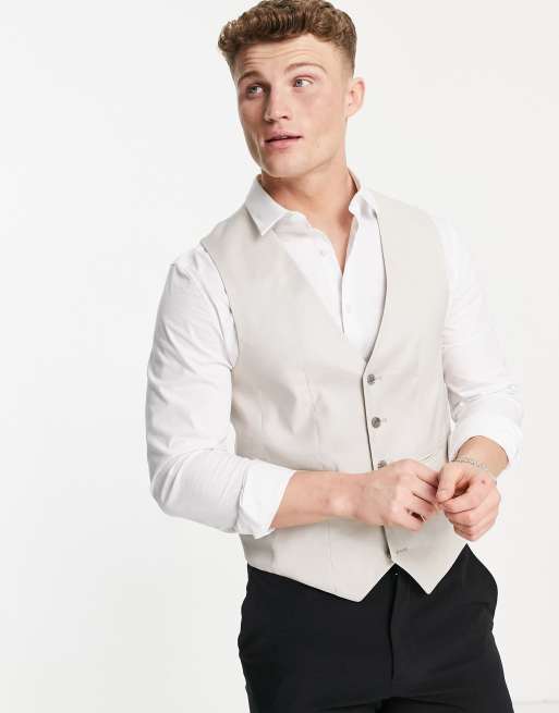 ASOS DESIGN Wedding - Gilet da abito skinny in misto lino color pietra