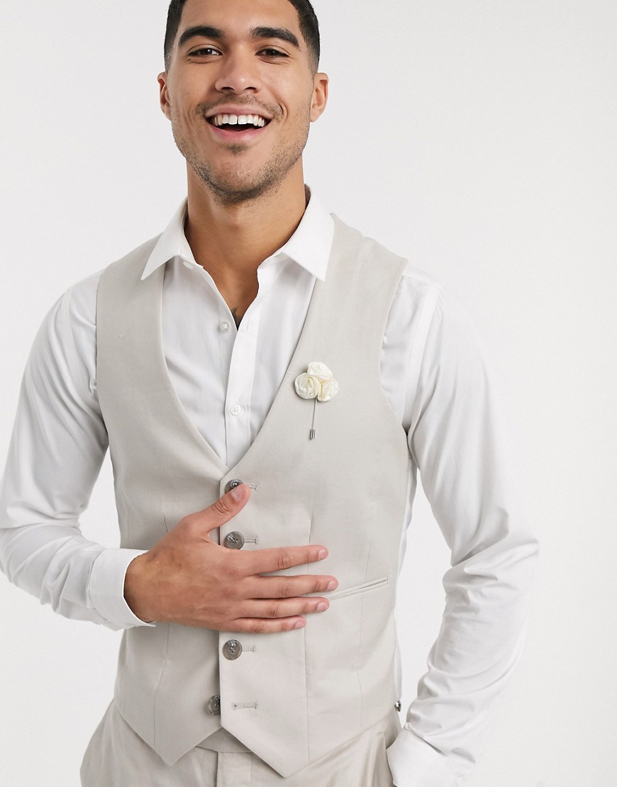 ASOS DESIGN wedding - Gilet da abito super skinny in cotone e lino elasticizzati grigio pietra