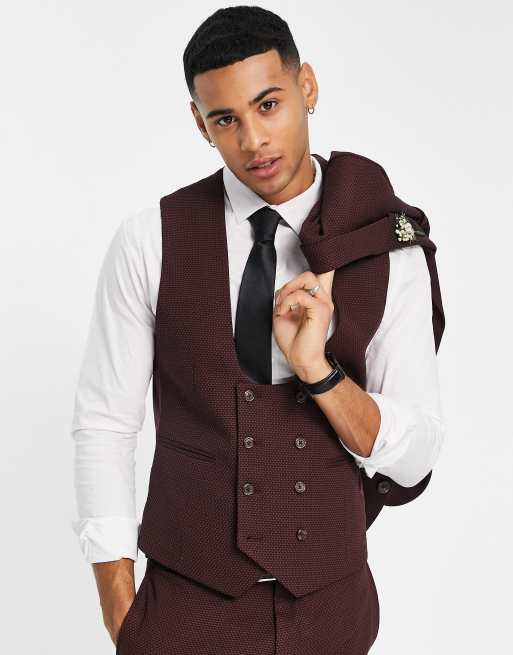 ASOS DESIGN Wedding - Gilet da abito super skinny in tessuto operato a occhio di pernice rosso e blu navy