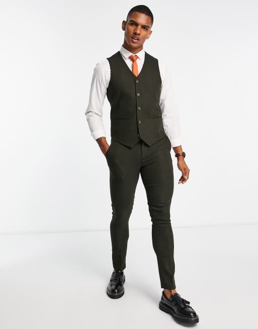 ASOS DESIGN Wedding - Gilet de costume ajusté en laine mélangée à chevrons - Vert foncé , 4 de 4