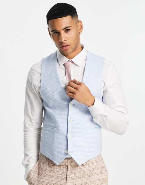 ASOS DESIGN Wedding - Gilet de costume ultra ajusté en lin mélangé à motif pied-de-poule - Bleu - view 1