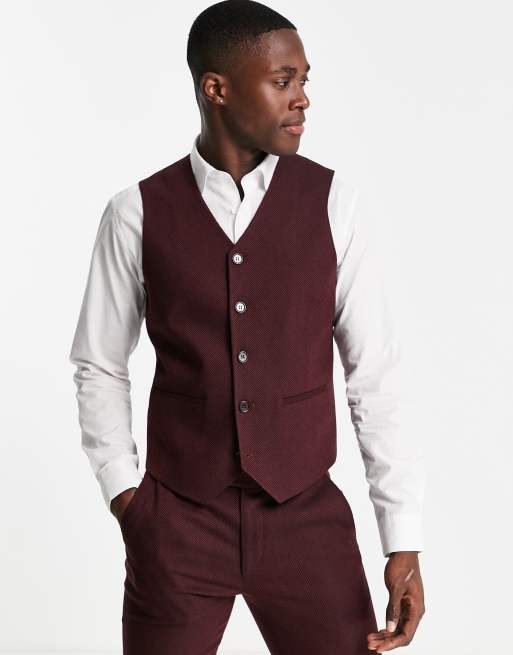 ASOS DESIGN Wedding - Abito super skinny in misto lana a spina di pesce bordeaux, 3 di 3