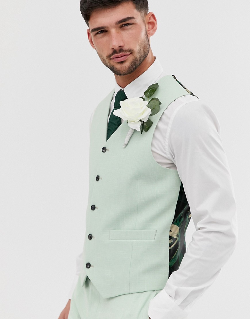 ASOS DESIGN Wedding – Grön kostymväst med cross hatch-mönster och supersmal passform