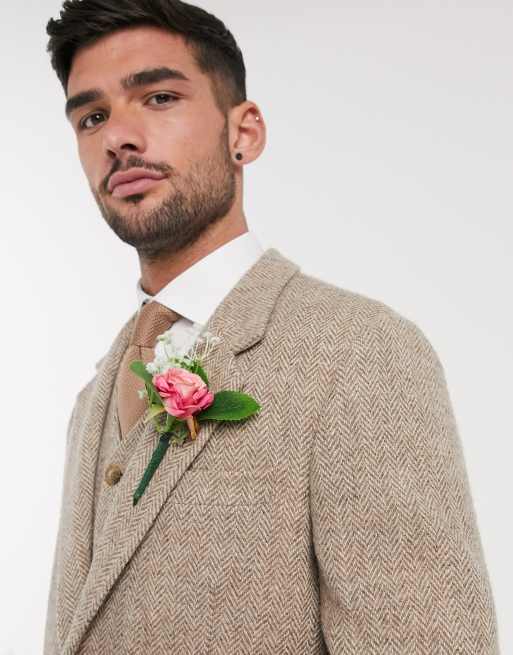 ASOS DESIGN Wedding — Harris — Camel-farvet blazer i uld med smal pasform og sildebensmønster, 3 af 4