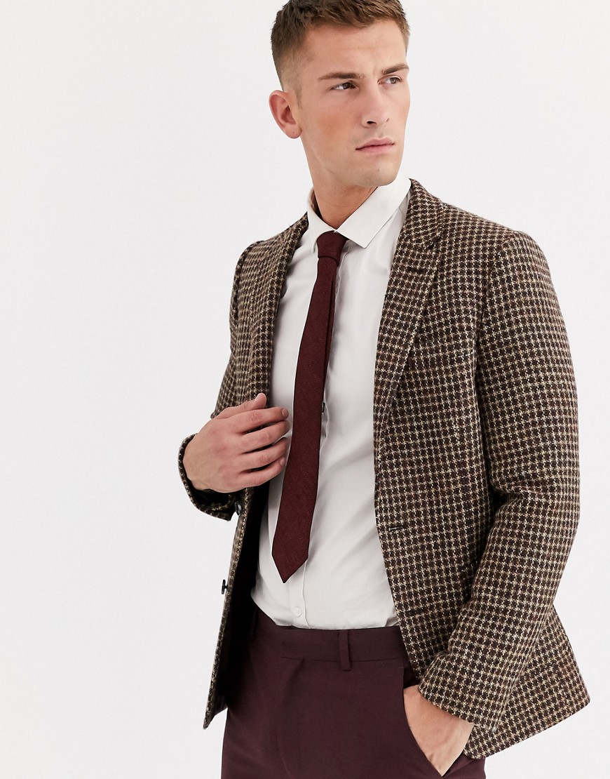 ASOS DESIGN wedding Harris Tweed slim blazer with wool microcheck in brown