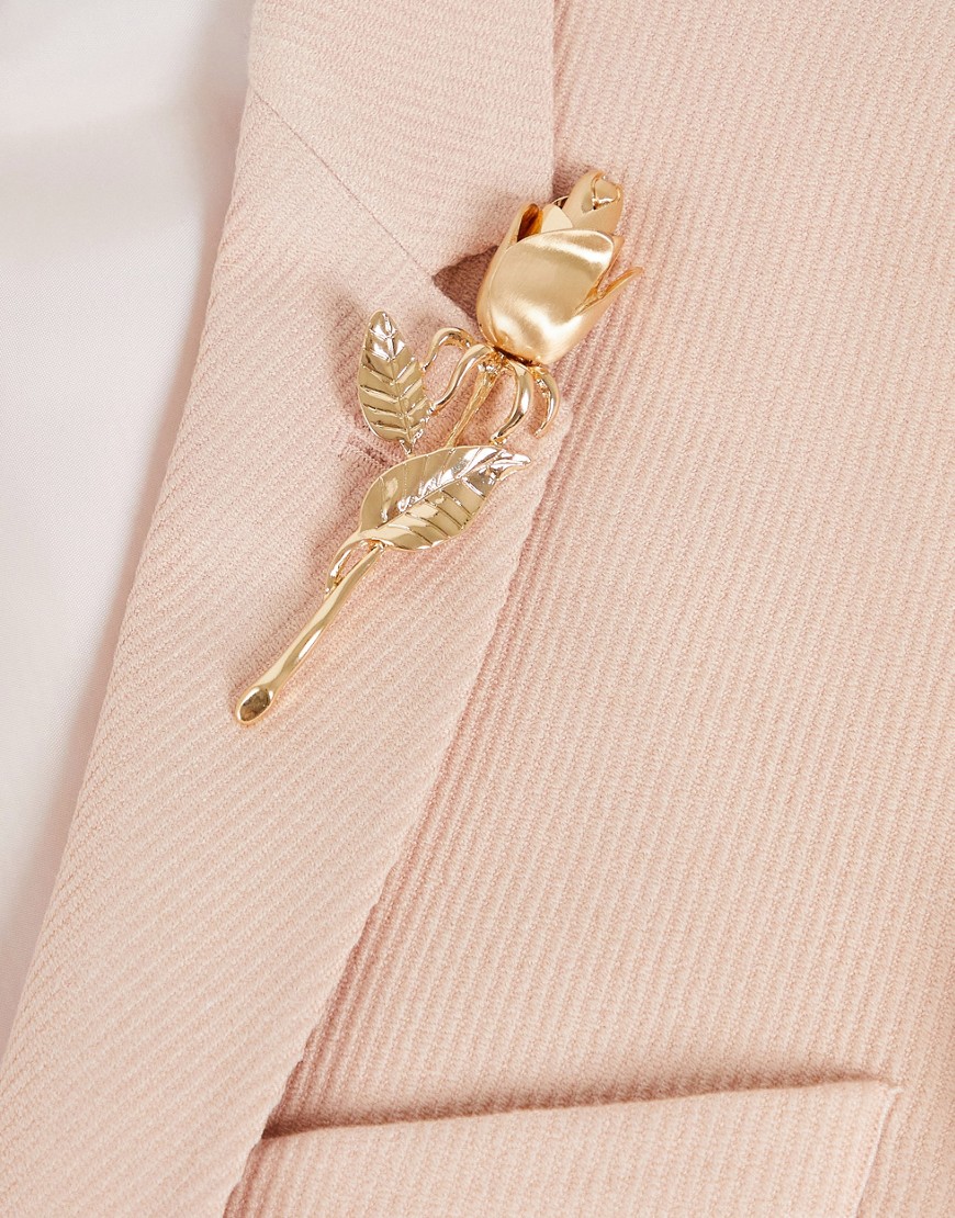 ASOS DESIGN Wedding lapel pin with 3D rose in brushed gold tone