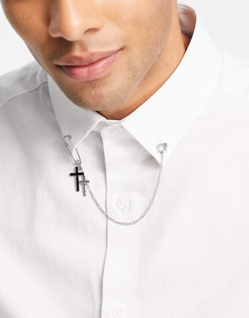 ASOS DESIGN wedding lapel pin with vintage cross design and chain in silver tone