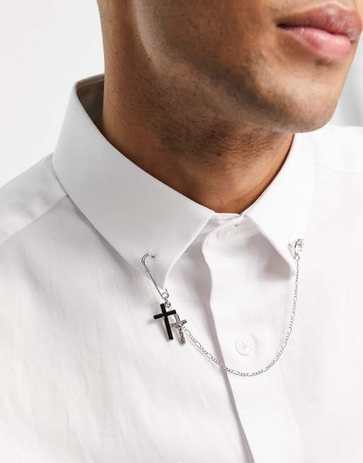ASOS DESIGN wedding lapel pin with vintage cross design and chain in silver tone, 2 of 4