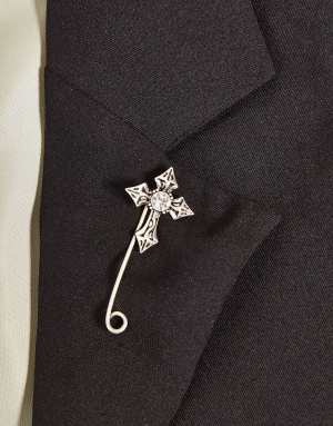 ASOS DESIGN wedding lapel pin with vintage cross in burnished silver