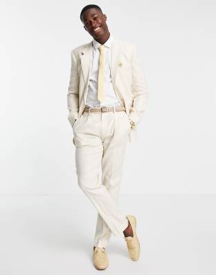 ASOS DESIGN ASOS DESIGN wedding linen mix slim suit jacket with wide stripe in stone-Neutral