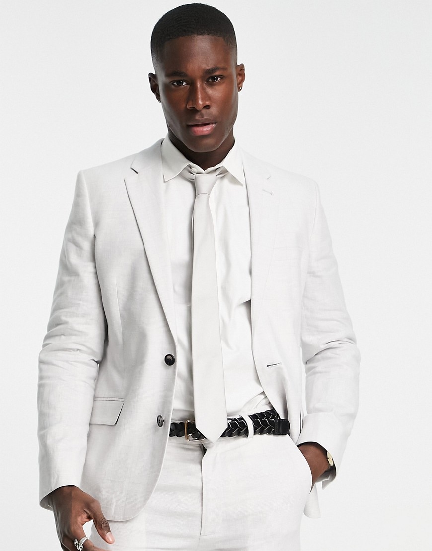 ASOS DESIGN wedding linen mix super skinny suit jacket with prince of wales check in grey