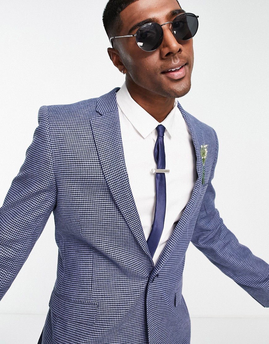 ASOS DESIGN wedding linen mix super skinny suit jacket with puppytooth check in deep blue