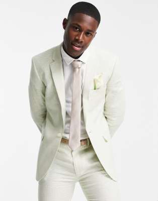 Asos Design Super Skinny Suit Jacket In Linen Mix In Houndstooth Plaid In Green In Green