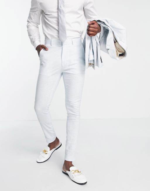 ASOS DESIGN wedding linen mix super skinny suit pants with prince of wales check in light blue 