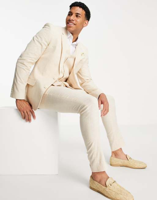 ASOS DESIGN wedding linen mix super skinny suit pants with prince of wales check in stone