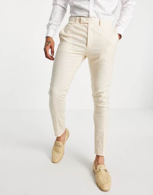 ASOS DESIGN Wedding linen mix super skinny suit pants with prince of wales plaid in stone