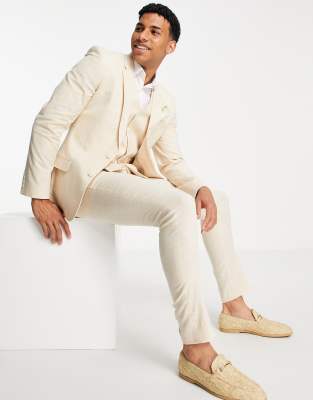 ASOS DESIGN wedding linen mix super skinny suit trousers with prince of wales check in stone