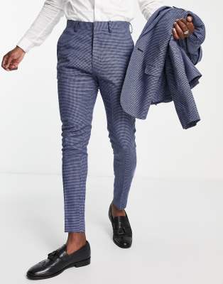 ASOS DESIGN wedding linen mix super skinny suit trousers with puppytooth check in deep blue