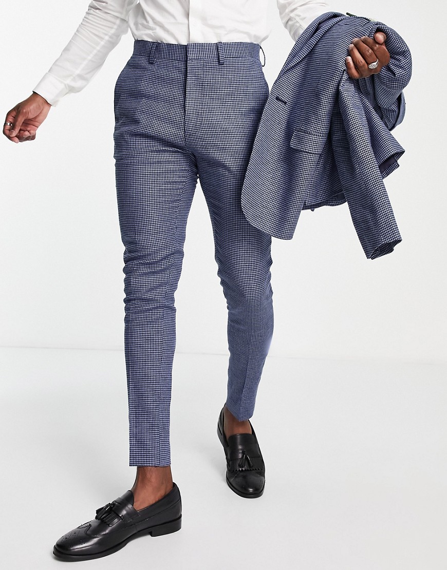 ASOS DESIGN wedding linen mix super skinny suit trousers with puppytooth check in deep blue