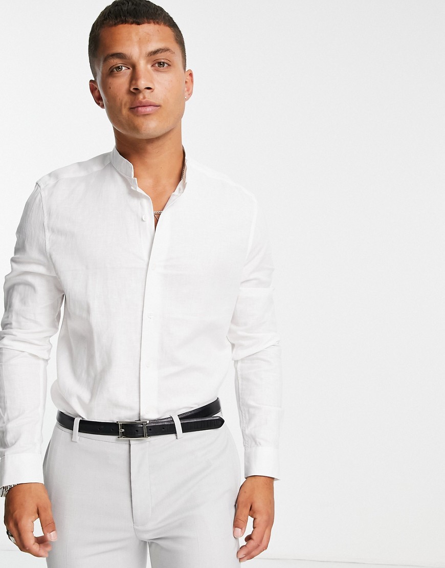 Asos Design Wedding Linen Shirt With Mandarin Collar In White