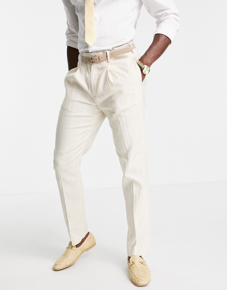 ASOS DESIGN wedding linen slim suit pants with wide stripe in stone-Neutral