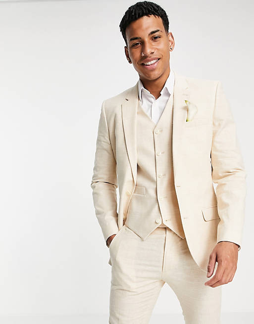 ASOS DESIGN wedding linen super skinny suit jacket with prince of wales check in stone