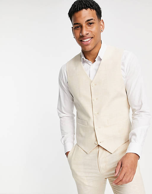 ASOS DESIGN wedding linen super skinny suit waistcoat with prince of wales check in stone