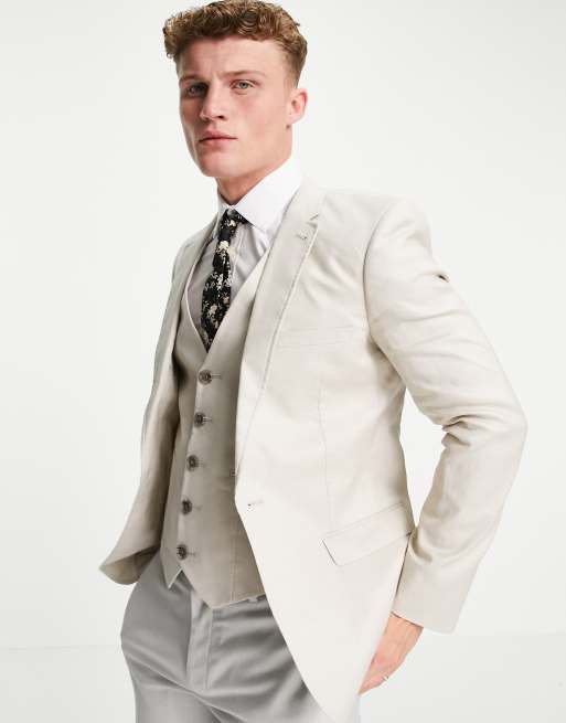 ASOS DESIGN Wedding – Ljusbeige supersmal kavaj i linnemix, del av kostym