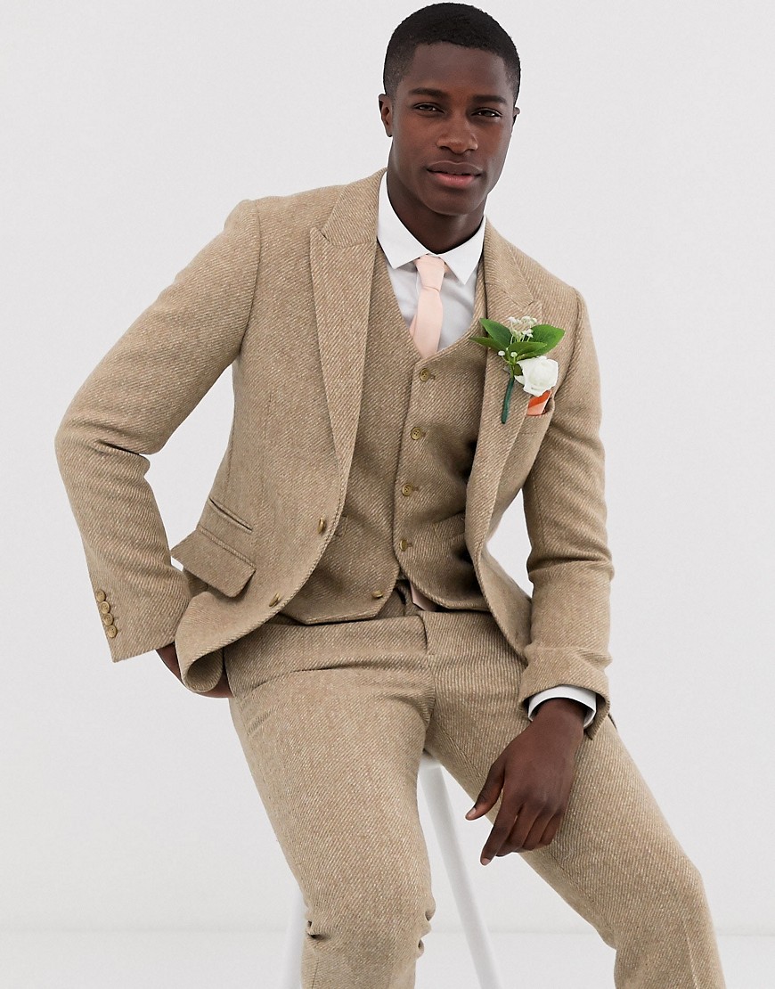 ASOS DESIGN Wedding – Ljusbrun kostymjacka med smal passform i Harris-tweed med 100 % ull-Beige