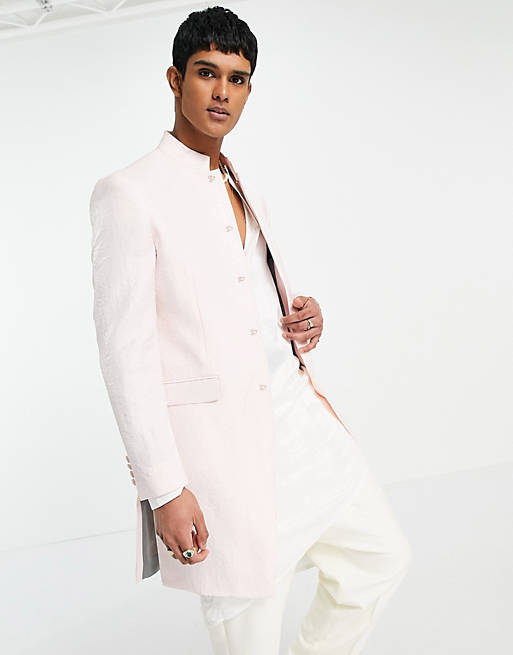 ASOS DESIGN wedding longline slim Sherwani suit jacket with mandarin collar in pink