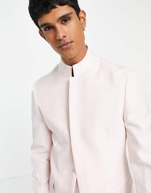 ASOS DESIGN wedding longline slim Sherwani suit jacket with mandarin collar in pink