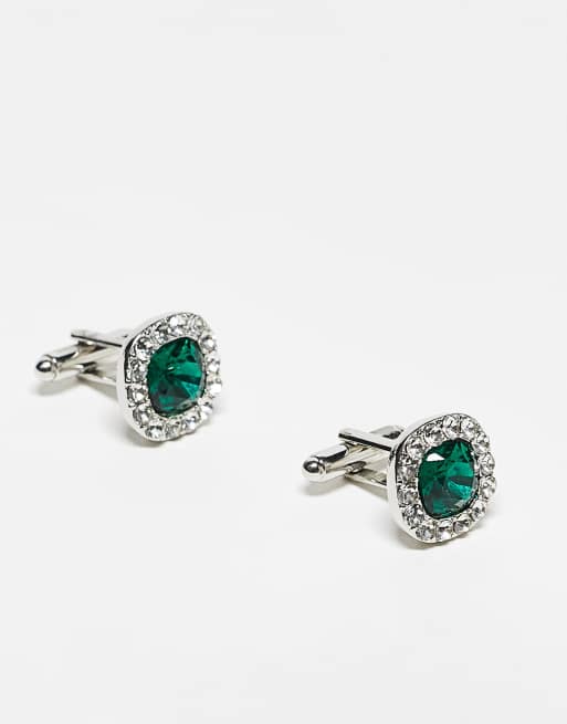 ASOS DESIGN Wedding - Manchetknopen met groene kristallen in zilverkleur