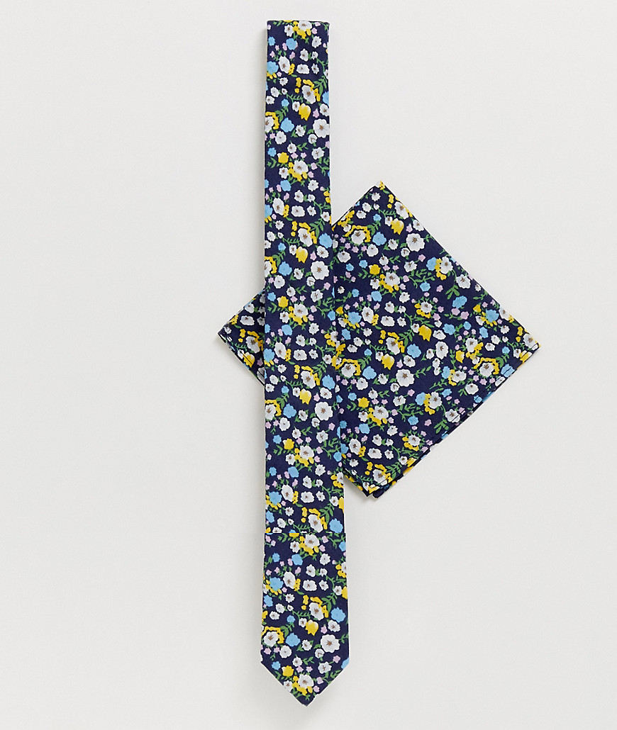 ASOS DESIGN – Wedding – Marinblå blommig smal slips och bröstnäsduk-Flerfärgad