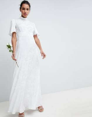 wedding maxi dress in soft jacquard with flutter sleeve-White