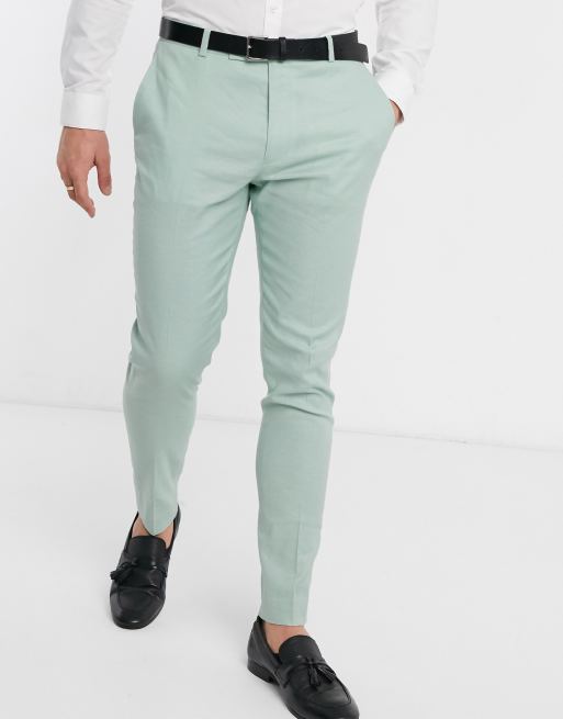 ASOS DESIGN Wedding – Mintgröna kostymbyxor i stretchig bomulls- och linneblandning med supersmal passform