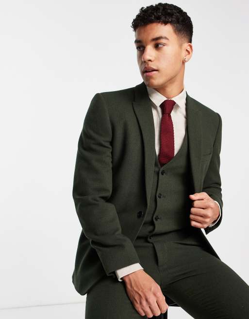 ASOS DESIGN Wedding – Mörkgrön strukturvävd kostymkavaj i yllemix med smal passform 