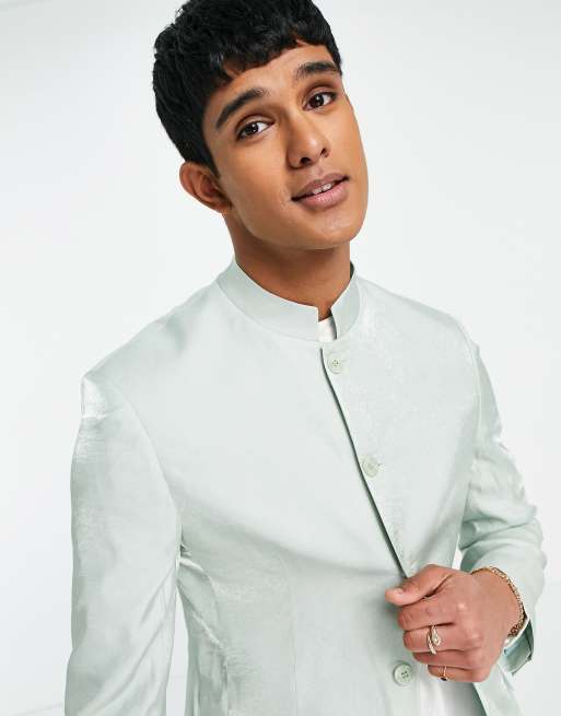 ASOS DESIGN wedding Nehru slim suit jacket with mandarin collar in high shine green