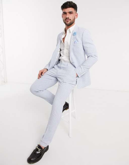 ASOS DESIGN - Mariage - Costume slim en crépon de coton à motif vichy - Bleu clair, 3 de 3