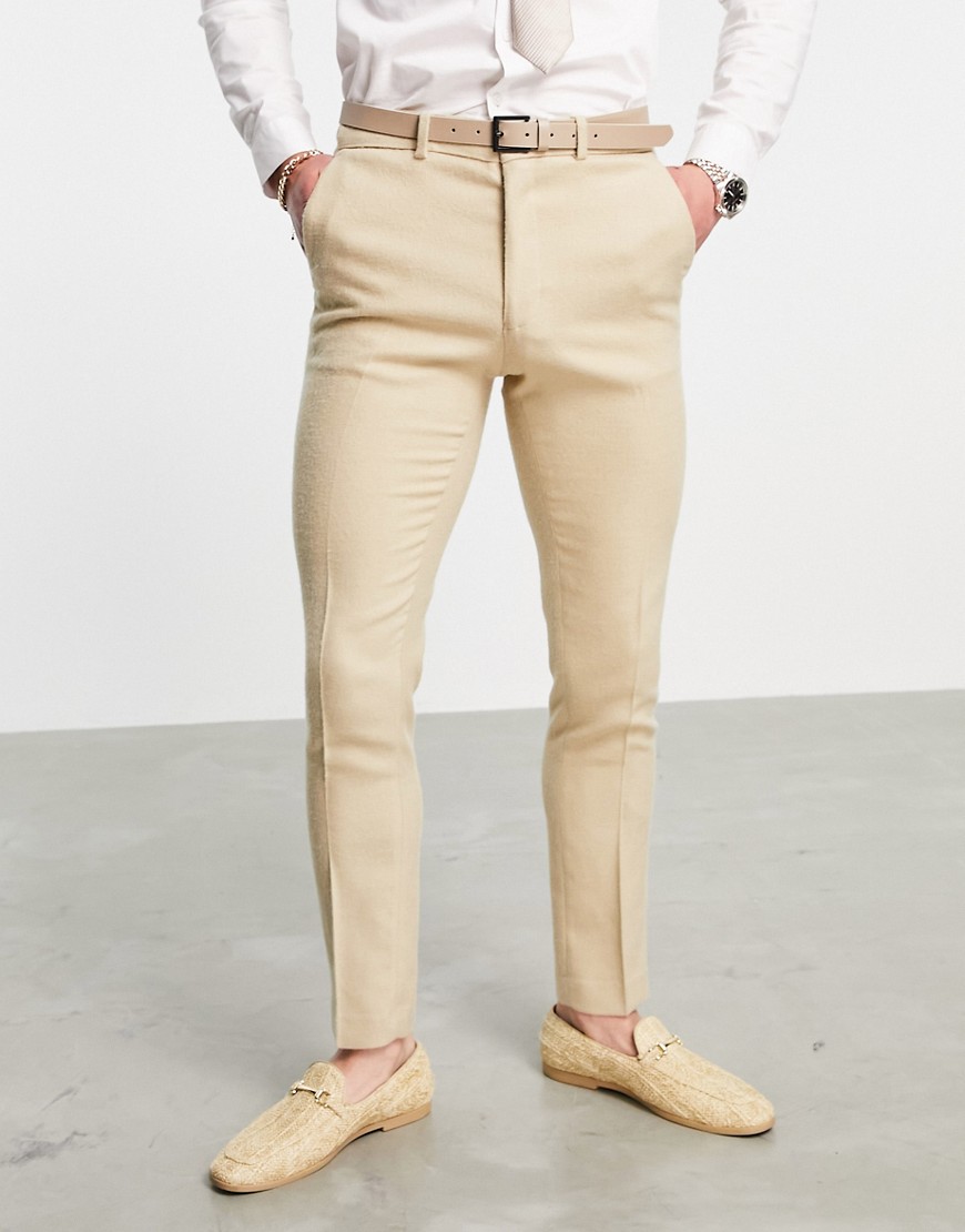 ASOS DESIGN Wedding - Pantaloni da abito skinny effetto lana, color cammello-Neutro