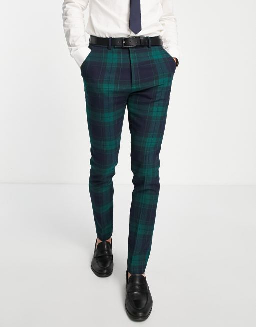 ASOS DESIGN Wedding - Pantaloni da abito skinny in misto lana blu navy a quadri scozzesi