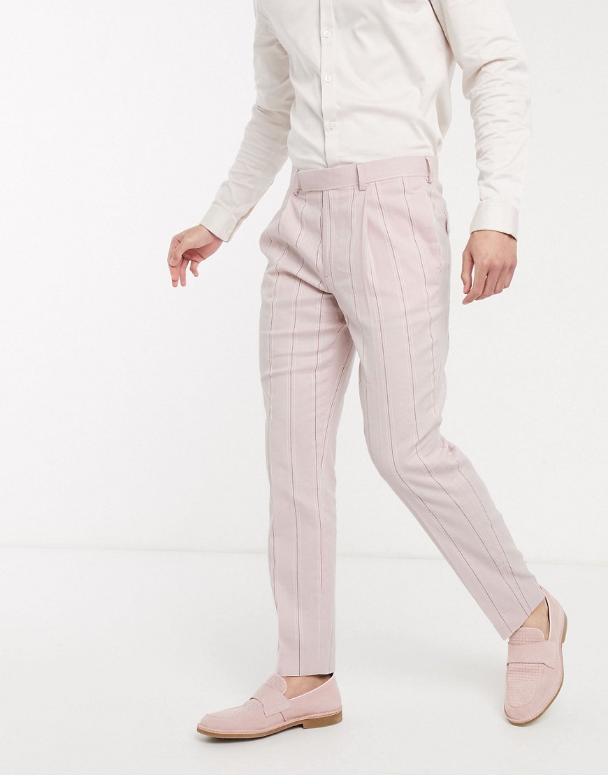 ASOS DESIGN Wedding - Pantaloni da abito slim in cotone misto lino stretch rosa e bianchi a righe