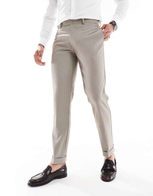 ASOS DESIGN Wedding - Pantaloni da abito slim in misto lana marroni a spina di pesce, 2 di 5