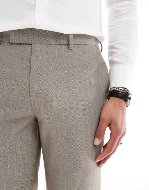 ASOS DESIGN Wedding - Pantaloni da abito slim in misto lana marroni a spina di pesce, 3 di 5