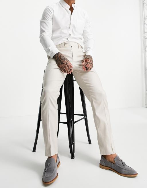 ASOS DESIGN Wedding - Pantaloni da abito slim in misto lino color pietra